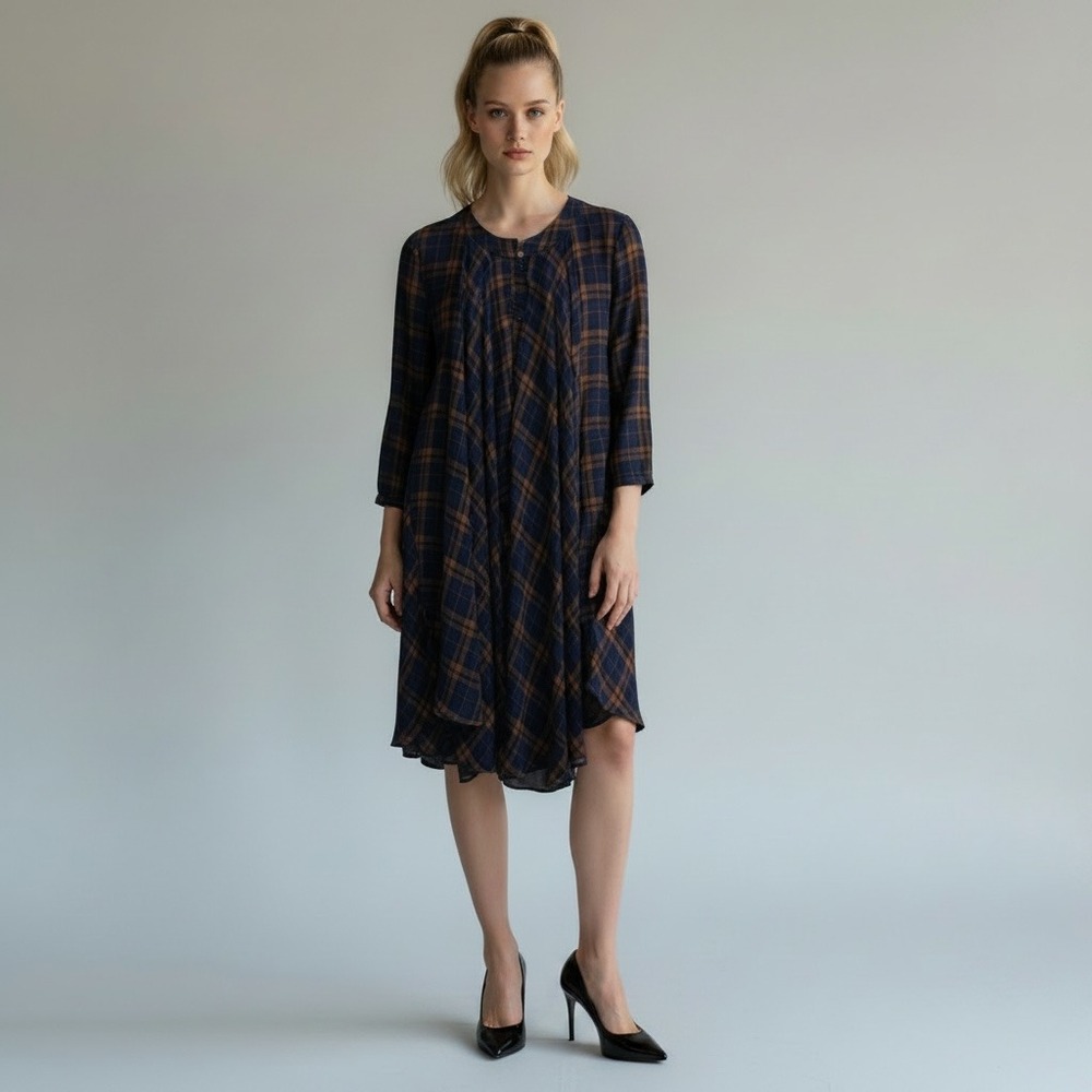 Akira Chicago Dark Academia Plaid Asymmetrical Button Up Swing Dress L Navy Tan